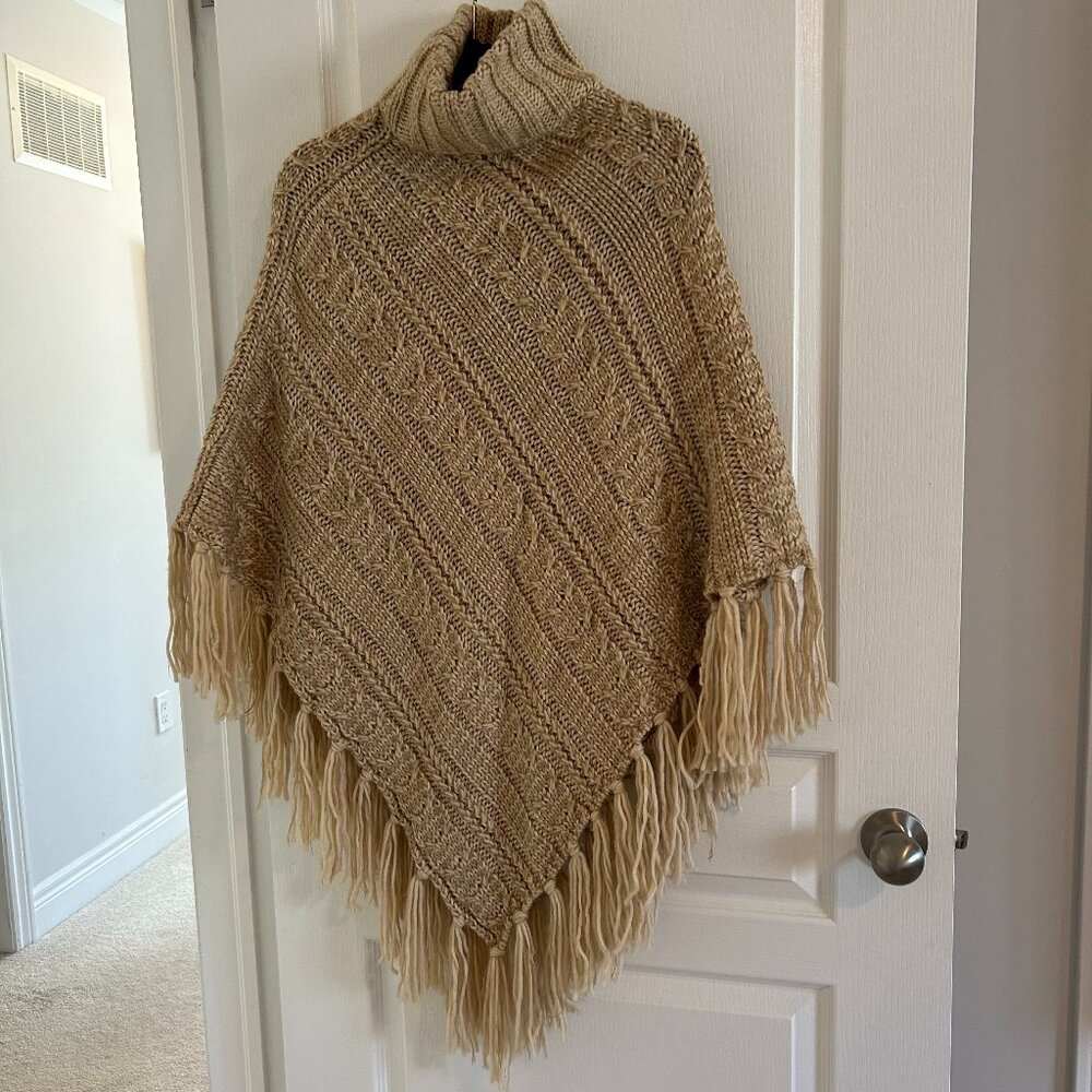 Denver Hayes Alisio Chunky Cable Knit Poncho | Fringe Turtleneck | Transitional